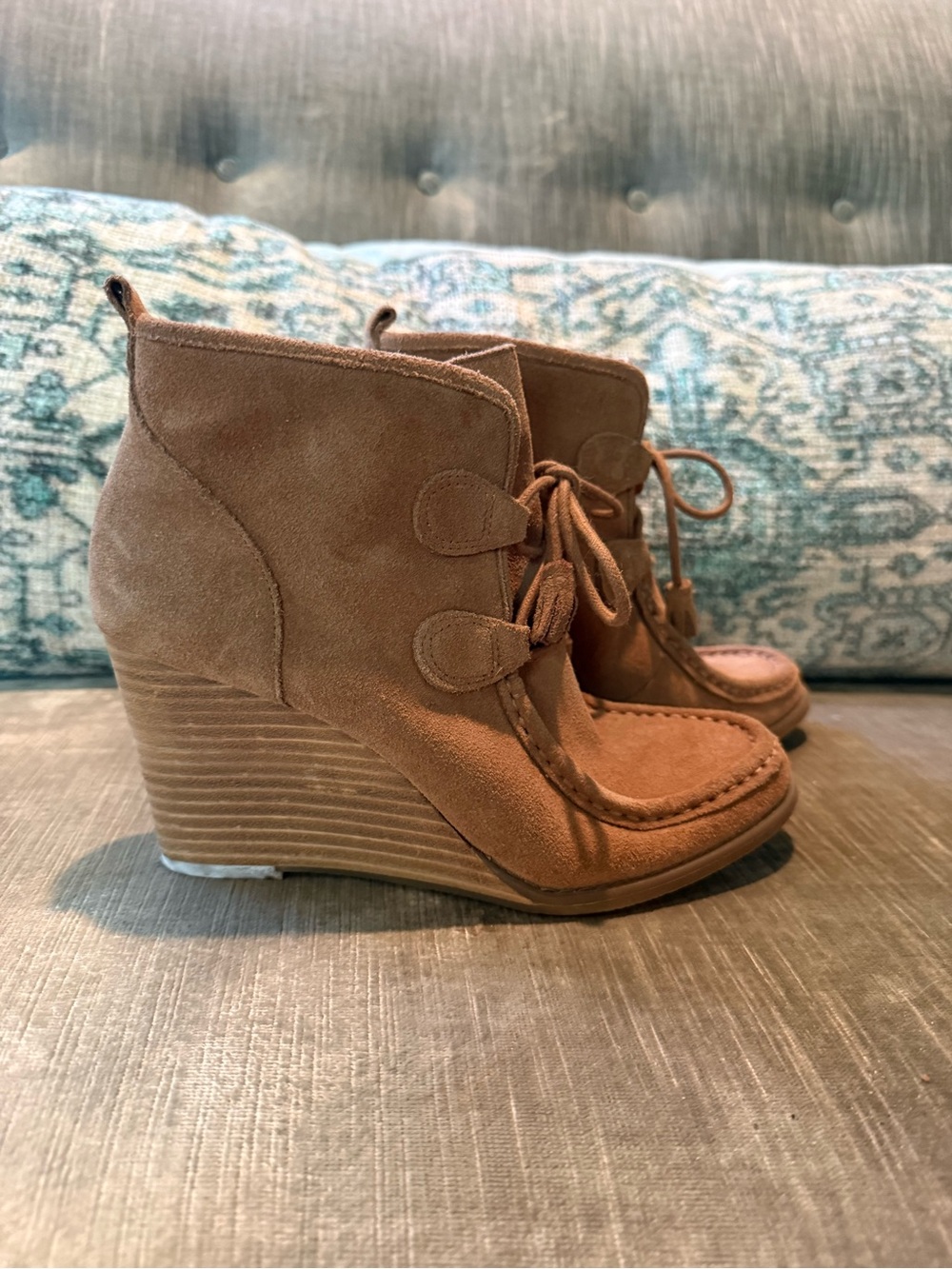 Lucky Brand Chestnut Suede Wedge Moccasin Booties